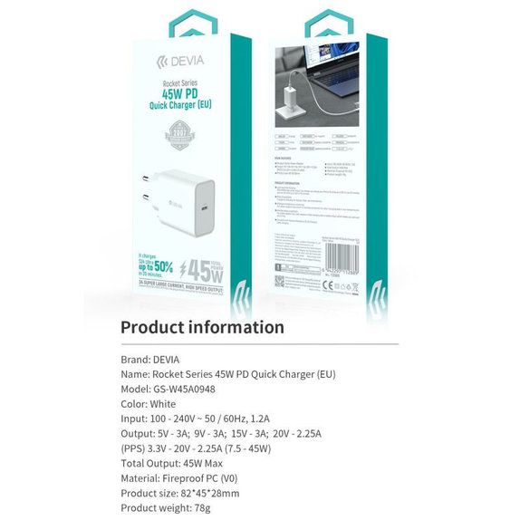 Зарядно Rocket USB-C, PD 45W, бяло, Devia