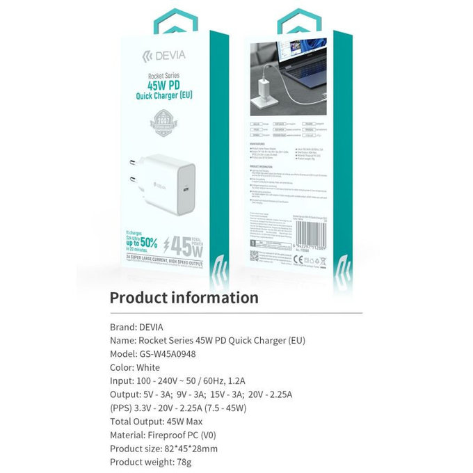 Зарядно Rocket USB-C, PD 45W, бяло, Devia