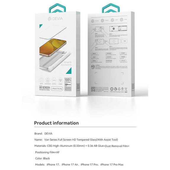 Закалено стъкло FullCover с апликатор за iPhone 17 Pro Max, Devia