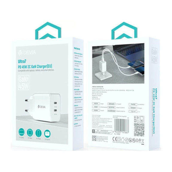 Зарядно Ultra7, 2x USB-C, PD 45W, бяло, Devia