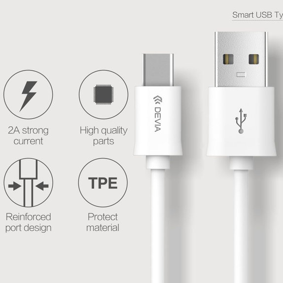 Кабел USB / USB-C Smart, 2.1A, 1m, бял, Devia