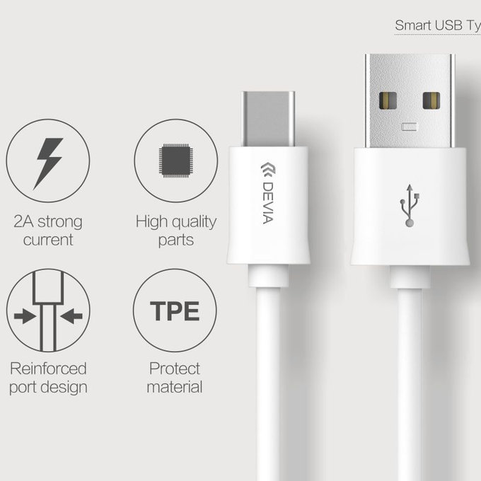 Кабел USB / USB-C Smart, 2.1A, 1m, бял, Devia