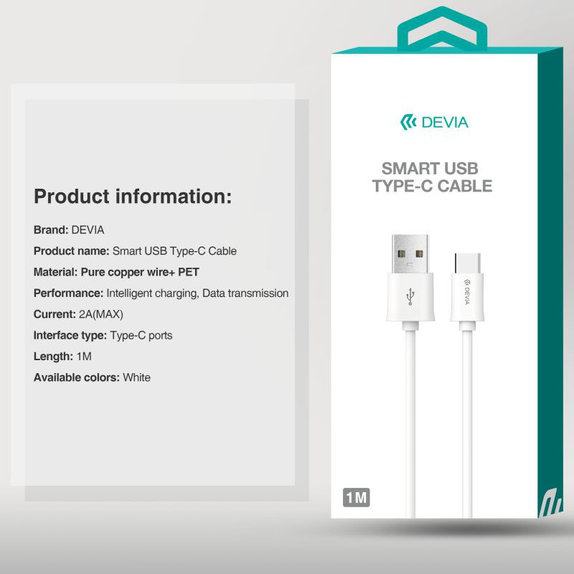 Кабел USB / USB-C Smart, 2.1A, 1m, бял, Devia