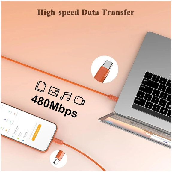 USB-C / USB-C кабел с бързо зареждане, PD 60W, 2m, Оранжев