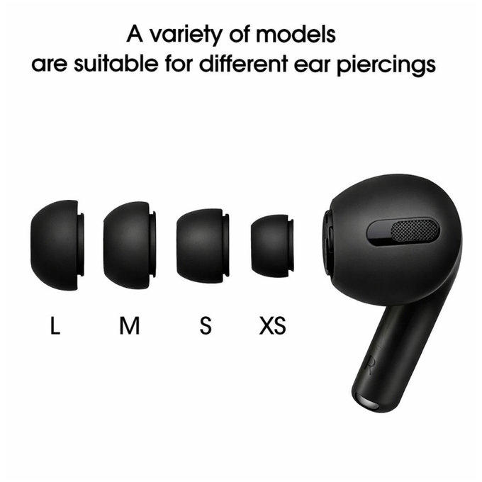 Резервни силиконови накрайници за Apple AirPods Pro и Pro 2, комплект (L, M, S, XS), Черен