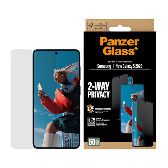 UWF 2-Way Privacy закалено стъкло с апликатор за Samsung Galaxy S26, прозрачно, clear, PanzerGlass