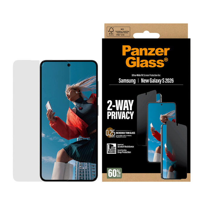 UWF 2-Way Privacy закалено стъкло с апликатор за Samsung Galaxy S26, прозрачно, clear, PanzerGlass