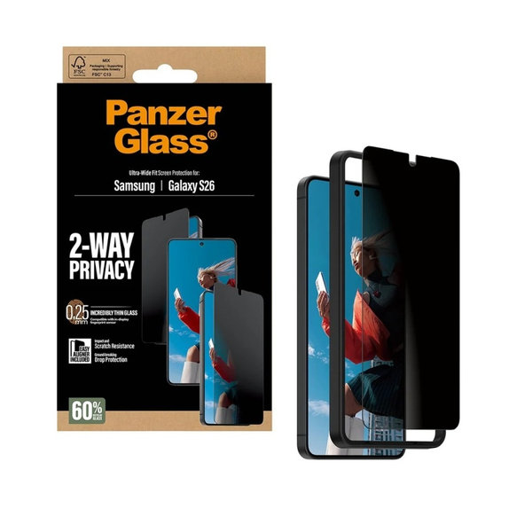 UWF 2-Way Privacy закалено стъкло с апликатор за Samsung Galaxy S26, прозрачно, clear, PanzerGlass
