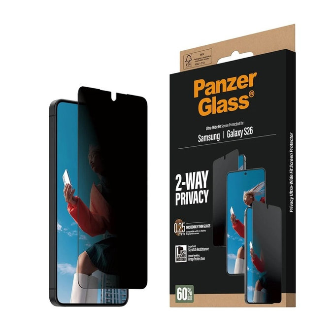 UWF 2-Way Privacy закалено стъкло с апликатор за Samsung Galaxy S26, прозрачно, clear, PanzerGlass