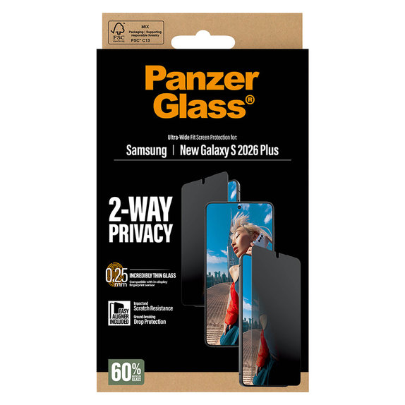 Закалено стъкло UWF 2-Way Privacy с апликатор за Samsung Galaxy S26+, Прозрачно, PanzerGlass