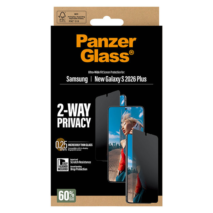 Закалено стъкло UWF 2-Way Privacy с апликатор за Samsung Galaxy S26+, Прозрачно, PanzerGlass