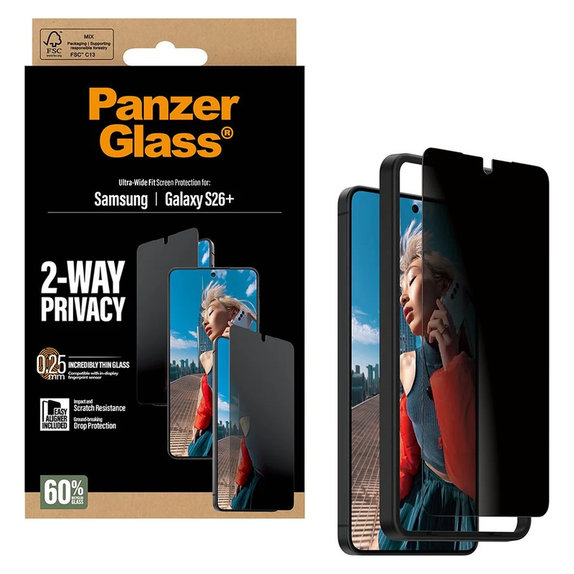 Закалено стъкло UWF 2-Way Privacy с апликатор за Samsung Galaxy S26+, Прозрачно, PanzerGlass