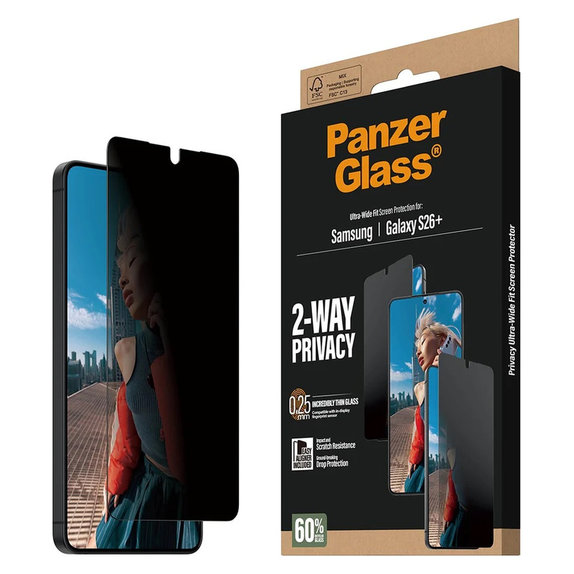 Закалено стъкло UWF 2-Way Privacy с апликатор за Samsung Galaxy S26+, Прозрачно, PanzerGlass