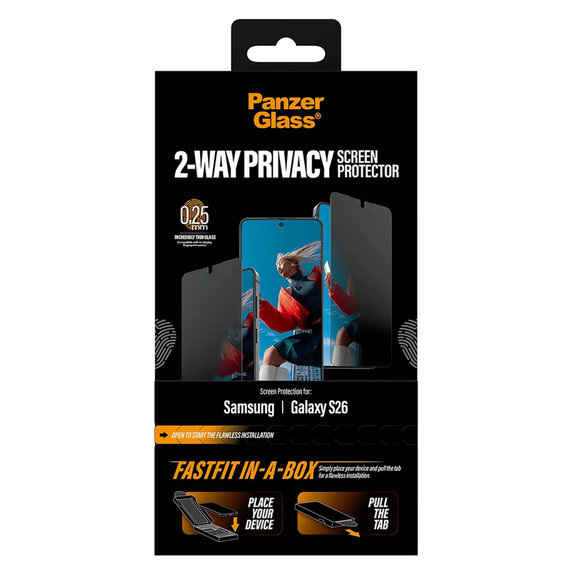Закалено стъкло UWF 2-Way Privacy с FASTFIT In-A-Box за Samsung Galaxy S26, Прозрачно, PanzerGlass