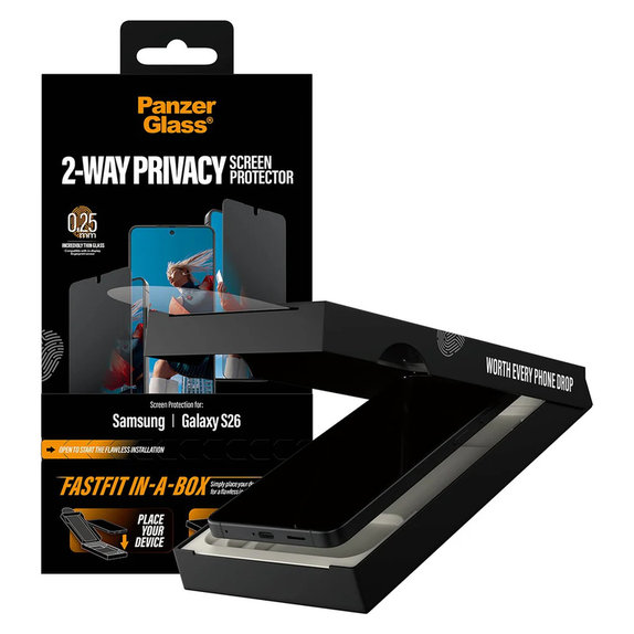 Закалено стъкло UWF 2-Way Privacy с FASTFIT In-A-Box за Samsung Galaxy S26, Прозрачно, PanzerGlass