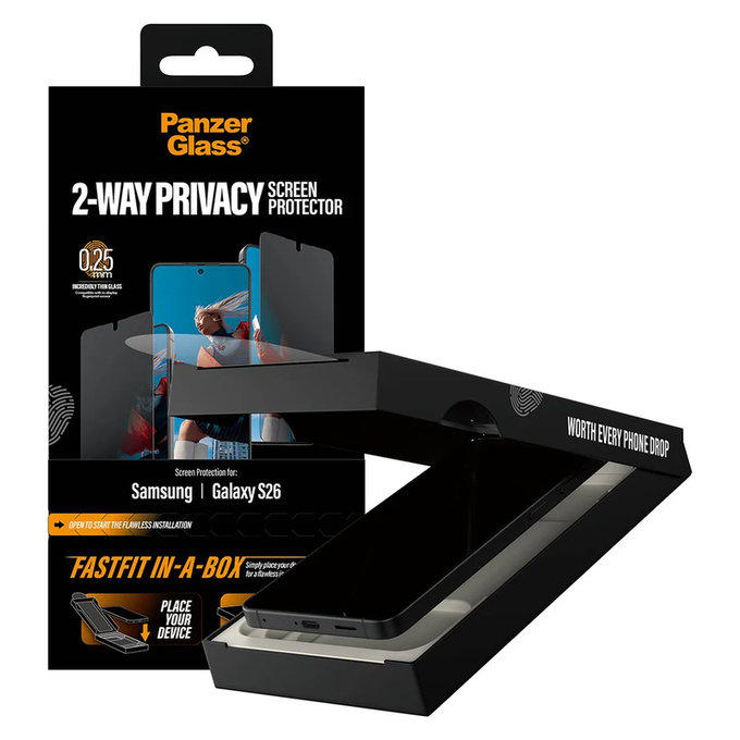 Закалено стъкло UWF 2-Way Privacy с FASTFIT In-A-Box за Samsung Galaxy S26, Прозрачно, PanzerGlass