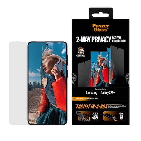 UWF 2-Way Privacy закалено стъкло с FASTFIT In-A-Box за Samsung Galaxy S26+, прозрачно, clear, PanzerGlass