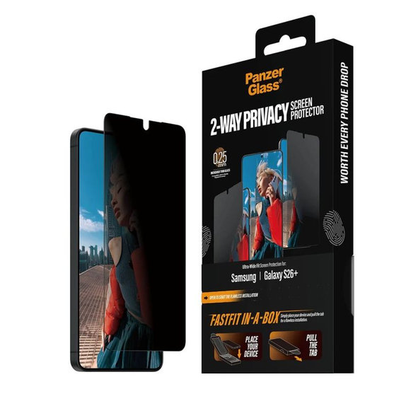 UWF 2-Way Privacy закалено стъкло с FASTFIT In-A-Box за Samsung Galaxy S26+, прозрачно, clear, PanzerGlass