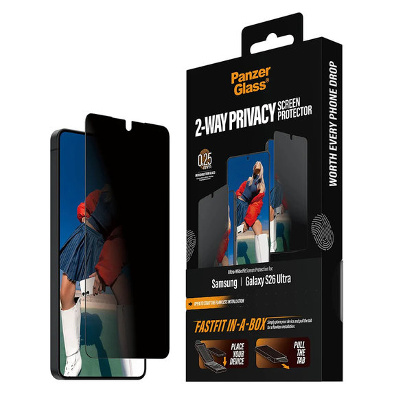 Закалено стъкло UWF 2-Way Privacy с FASTFIT In-A-Box за Samsung Galaxy S26 Ultra, Прозрачно, PanzerGlass