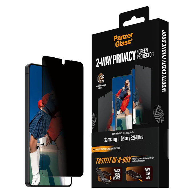 Закалено стъкло UWF 2-Way Privacy с FASTFIT In-A-Box за Samsung Galaxy S26 Ultra, Прозрачно, PanzerGlass