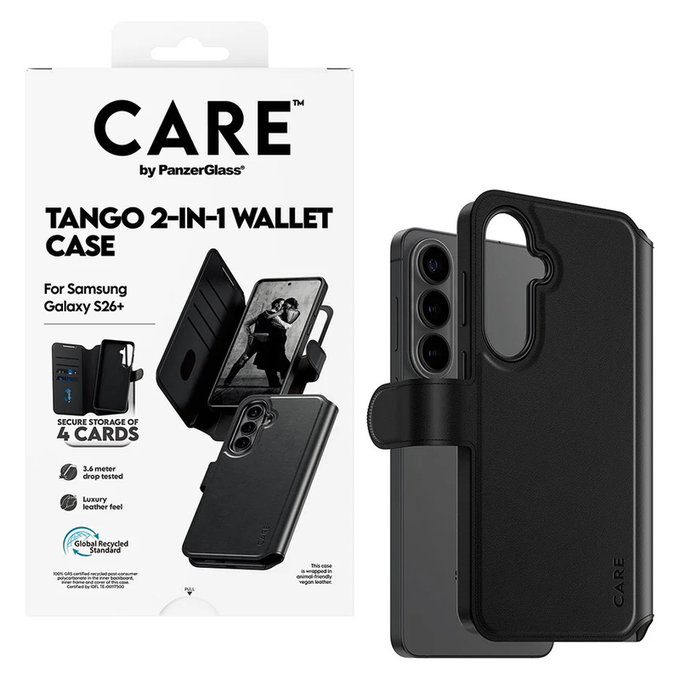 Калъф Tango Wallet Two-In-One с QI за Samsung Galaxy S26+, Черно, PanzerGlass