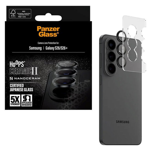Протектор за обектив на задна камера Hoops Ceramic II за Samsung S26/S26+, Черно, PanzerGlass