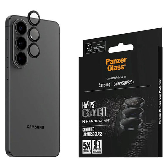 Протектор за обектив на задна камера Hoops Ceramic II за Samsung S26/S26+, Черно, PanzerGlass