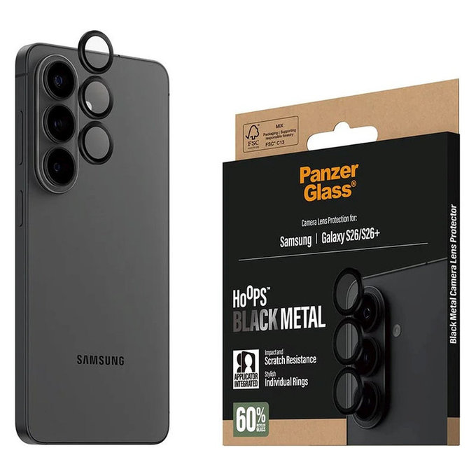 Протектор за обектив на задна камера Hoops за Samsung S26/S26+, Черно, PanzerGlass