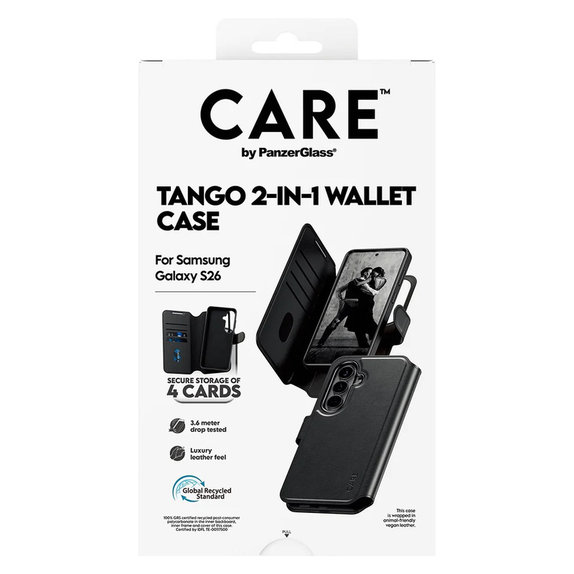Калъф Tango Wallet Two-In-One с QI за Samsung Galaxy S26, Черно, PanzerGlass