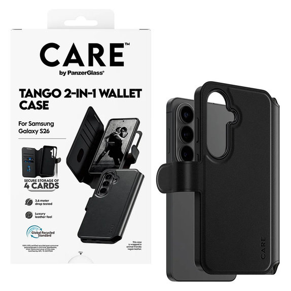 Калъф Tango Wallet Two-In-One с QI за Samsung Galaxy S26, Черно, PanzerGlass