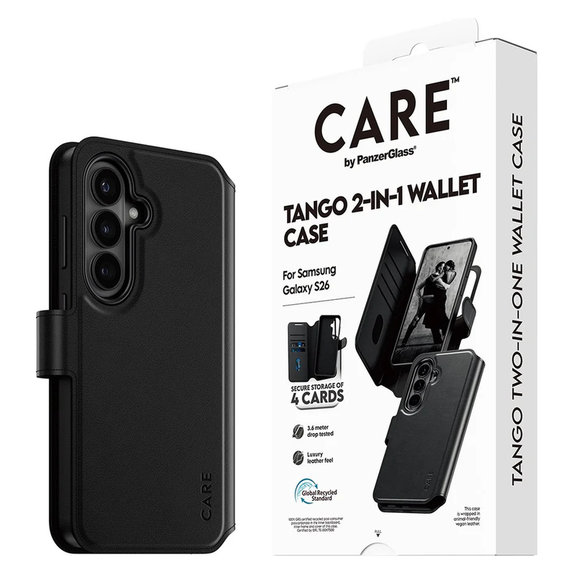 Калъф Tango Wallet Two-In-One с QI за Samsung Galaxy S26, Черно, PanzerGlass