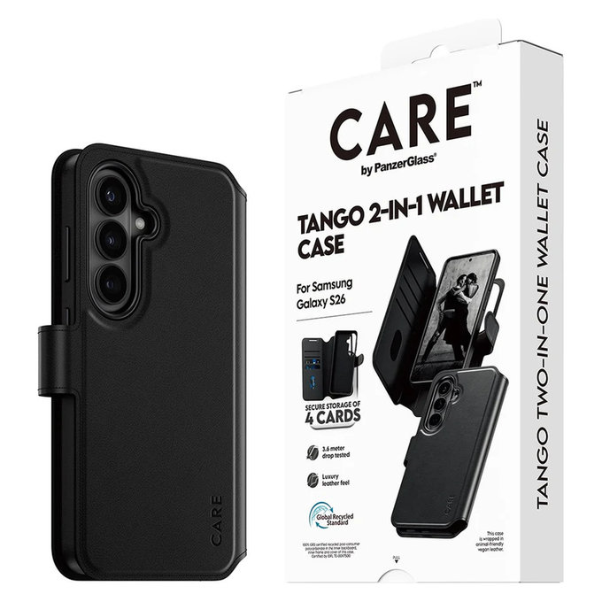 Калъф Tango Wallet Two-In-One с QI за Samsung Galaxy S26, Черно, PanzerGlass