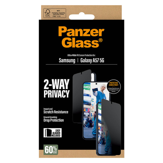 Закалено стъкло UWF Privacy с апликатор за Samsung Galaxy A57, Прозрачно, PanzerGlass