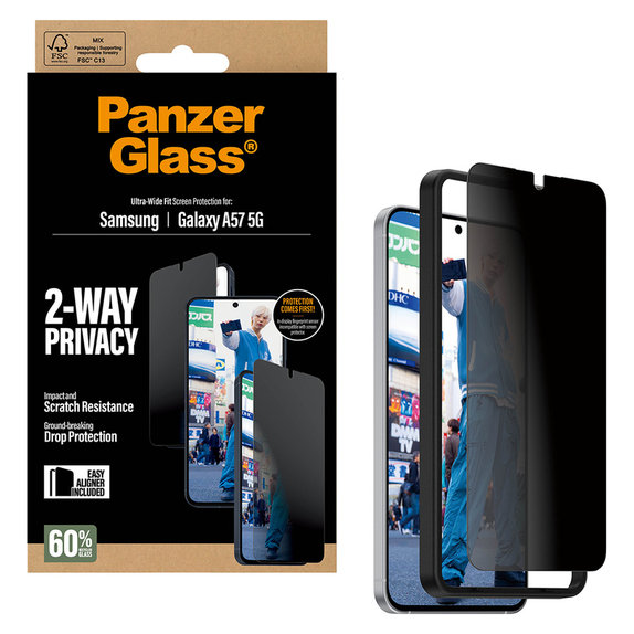 Закалено стъкло UWF Privacy с апликатор за Samsung Galaxy A57, Прозрачно, PanzerGlass
