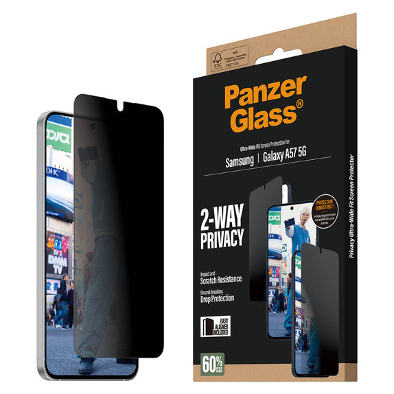 Закалено стъкло UWF Privacy с апликатор за Samsung Galaxy A57, Прозрачно, PanzerGlass