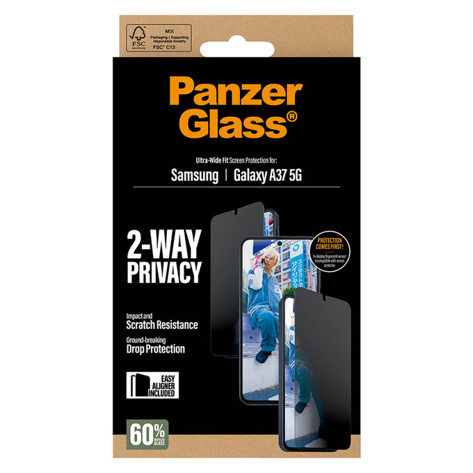 Закалено стъкло UWF Privacy с апликатор за Samsung Galaxy A37, Прозрачно, PanzerGlass