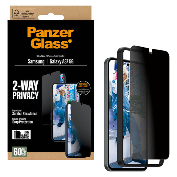 Закалено стъкло UWF Privacy с апликатор за Samsung Galaxy A37, Прозрачно, PanzerGlass