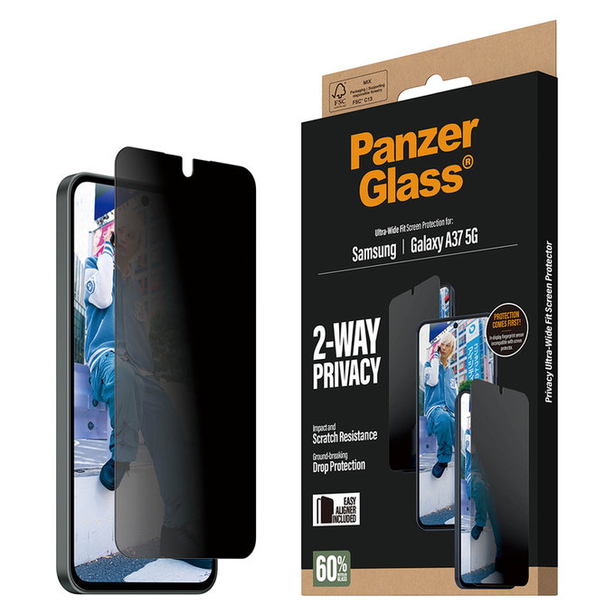 Закалено стъкло UWF Privacy с апликатор за Samsung Galaxy A37, Прозрачно, PanzerGlass