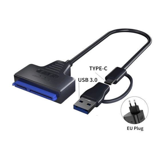 USB 3.0 / USB-C към SATA адаптер за 2.5" и 3.5" HDD/SSD, със захранващ адаптер