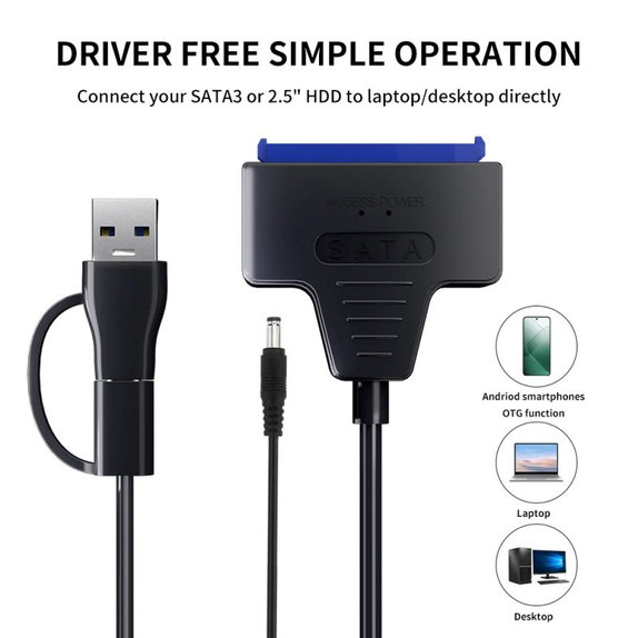 USB 3.0 / USB-C към SATA адаптер за 2.5" и 3.5" HDD/SSD, със захранващ адаптер