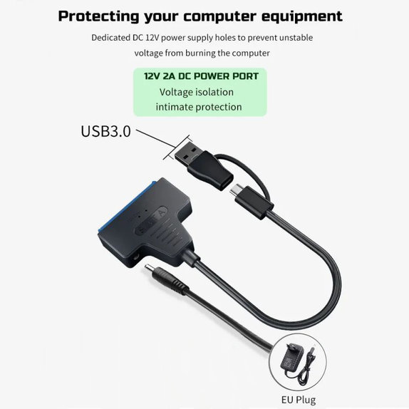 USB 3.0 / USB-C към SATA адаптер за 2.5" и 3.5" HDD/SSD, със захранващ адаптер