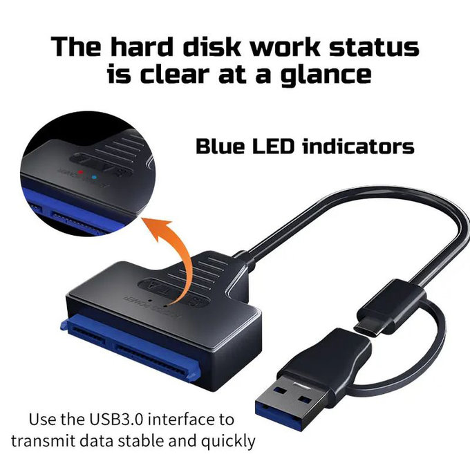 USB 3.0 / USB-C към SATA адаптер за 2.5" и 3.5" HDD/SSD, със захранващ адаптер