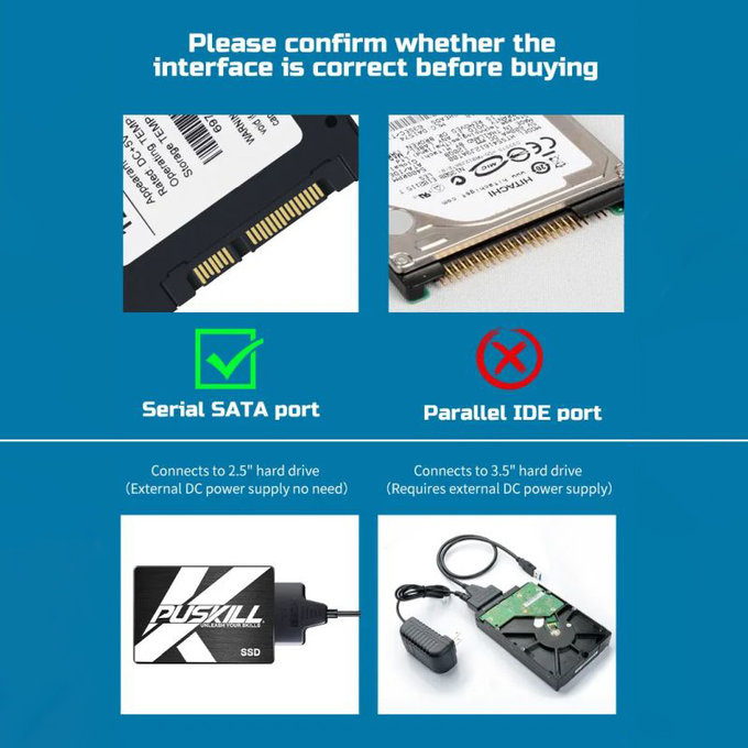 USB 3.0 / USB-C към SATA адаптер за 2.5" и 3.5" HDD/SSD, със захранващ адаптер