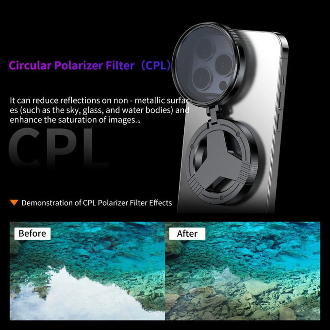 CPL поляризационен филтър 52mm с магнитен държач за смартфон