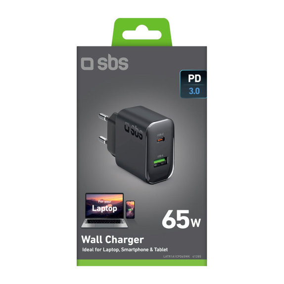 Пътен адаптер USB-A/USB-C, GaN, 65 W PD, черен, SBS