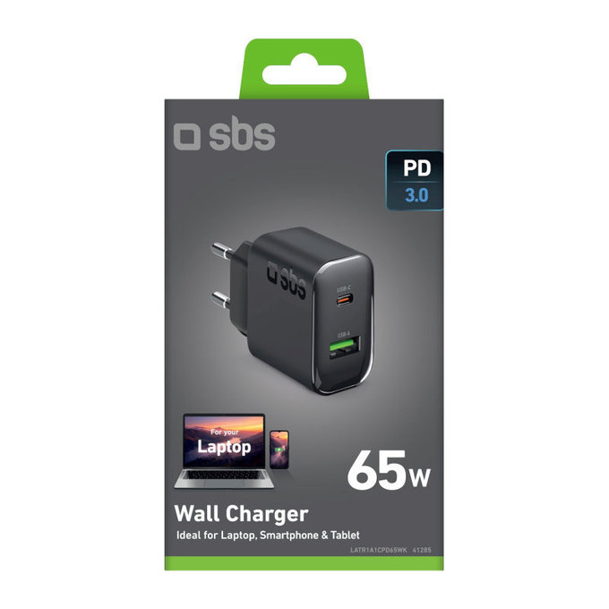 Пътен адаптер USB-A/USB-C, GaN, 65 W PD, черен, SBS