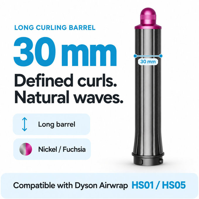 Дълъг накрайник за къдрене за Dyson Airwrap HS01, HS05, 30 mm, Nickel / Fuchsia