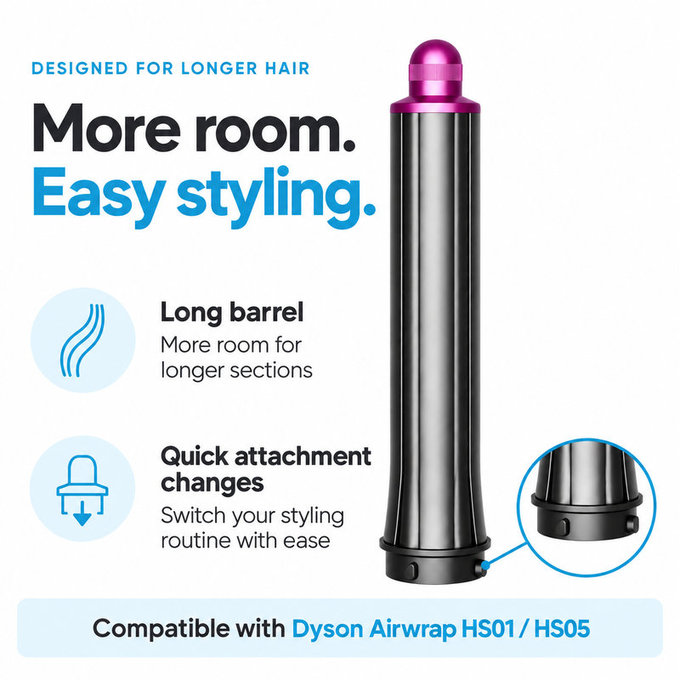 Дълъг накрайник за къдрене за Dyson Airwrap HS01, HS05, 30 mm, Nickel / Fuchsia