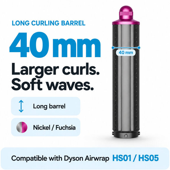 Дълъг накрайник за къдрене за Dyson Airwrap HS01, HS05, 40 mm, Nickel / Fuchsia