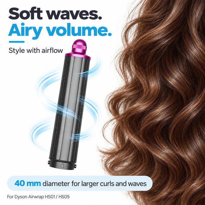 Дълъг накрайник за къдрене за Dyson Airwrap HS01, HS05, 40 mm, Nickel / Fuchsia